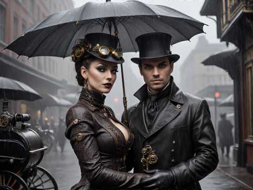In this detailed, steampunk-themed image, a man and a woman stand side by side on a rainy city street, both dressed in elaborate black attire. The woman, positioned on the left, wears a black leather jacket with a high collar and a black top hat adorned with two large, round goggles. Her hair is styled in a bun, and she has striking red lipstick. She holds a black umbrella with a gold handle over both of them. The man, standing to her right, is dressed in a black leather jacket, a black vest, a black tie, and a black top hat. He also wears black leather gloves and has a mechanical device on his chest. The background features a misty, gray sky with rain falling, and several other people can be seen walking on the street. To the left, there is a black vehicle with a wheel, and to the right, a building with a balcony. The overall scene is reminiscent of a Victorian-era city, enhanced by the steampunk elements and the rainy atmosphere.