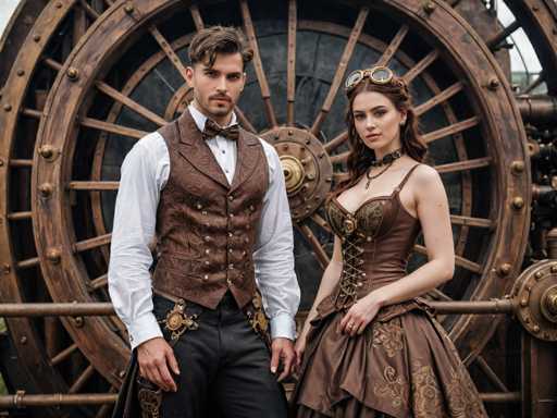 In this detailed photograph, a man and a woman are dressed in elaborate steampunk attire, standing in front of a large, intricate wooden wheel with numerous spokes and rivets, reminiscent of a ship's propeller. The man, positioned on the left, has short brown hair with a slight curl over his forehead, and sports a mustache and goatee. He is wearing a white button-up shirt with a brown bow tie, a brown vest with gold trim, and black pants. His vest is adorned with various steampunk gears and contraptions, and he has a gun holster on his right hip. The woman, standing to his right, has long brown hair styled with goggles perched on top of her head. She is dressed in a corset-style top with laces up the front, and a long, flowing skirt that reaches the ground. She also wears a choker necklace and has a ring on her left hand. Both individuals are looking directly at the camera, exuding a sense of confidence and style. The background features a large, dark brown wooden wheel with a gold center, adding to the steampunk aesthetic of the scene.