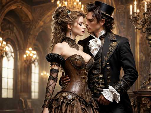 In this AI-generated image, a man and a woman are depicted in a Victorian-era setting, standing close together and gazing into each other's eyes. The woman, positioned on the left, is adorned in a brown corset with intricate details, including a brooch at the center and a lace sleeve on her right arm. Her hair is styled in an elaborate updo, featuring a large brooch with a blue gemstone. She wears a choker necklace and has her eyes closed, adding to the intimate atmosphere. The man, standing to her right, is dressed in a black top hat and a matching black jacket with gold trim and buttons. He has long, dark hair and wears a white ruffled shirt beneath his jacket. His left arm is wrapped around the woman's waist, while his right arm rests by his side. The background is a grand, ornate room with gold accents, chandeliers, and large windows, enhancing the luxurious and historical ambiance of the scene.