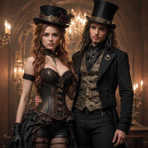 A man and woman stand side by side against a dark background with ornate chandeliers hanging from the ceiling. The woman wears a corset and top hat, while the man is dressed in a suit and top hat.