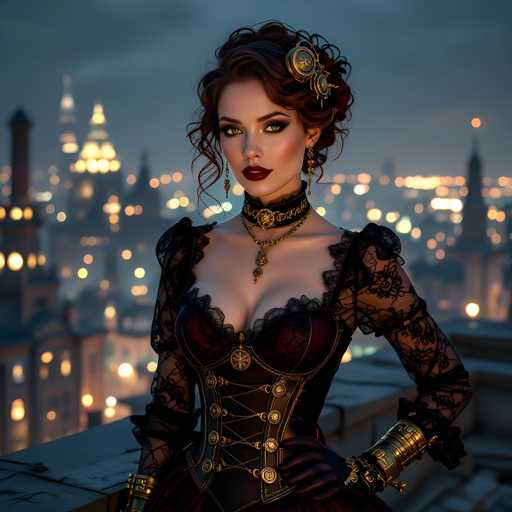 A woman stands on a rooftop at night, wearing a black lace dress with gold accents and a red headpiece adorned with a flower. She is positioned against the backdrop of a city skyline, which includes buildings illuminated by streetlights and other lights.