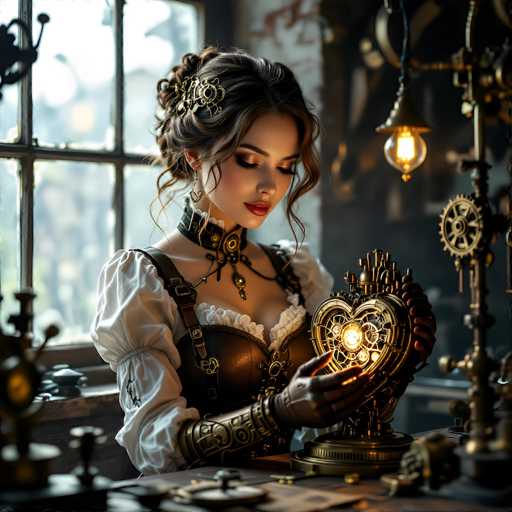 The image depicts a young woman with brown hair styled in a bun, adorned with a gold hair clip. She is wearing a white blouse with puffy sleeves and a black leather corset, which features a gold clasp. Her makeup includes red lipstick, and she is looking down at a heart-shaped, metallic device with a glowing light inside, possibly a lamp. The device is placed on a wooden table, surrounded by various metallic objects, including gears and a lamp with a bare light bulb hanging from the ceiling. The background is blurred, revealing a window with a wooden frame and a white wall. The overall scene suggests a steampunk aesthetic, with the woman appearing to be in a workshop or a similar setting.