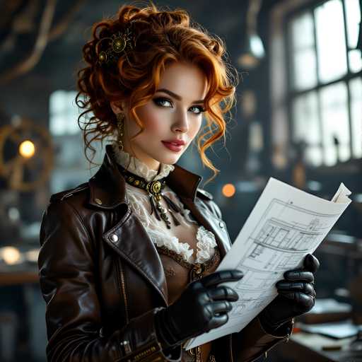 A woman with red hair and a gold brooch on her neck is the main subject of this image. She is wearing a brown leather jacket over a white dress and has black gloves on her hands. The background features a window that allows natural light to enter the room, creating an atmosphere of mystery and intrigue.