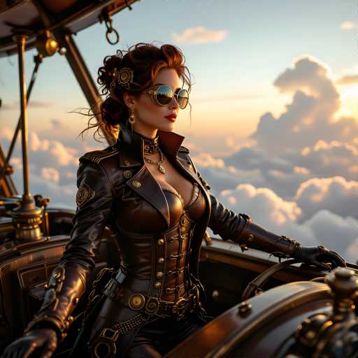 A woman dressed in a steampunk-style outfit is seated at the controls of an antique steamboat on a body of water under a clear blue sky with fluffy white clouds.