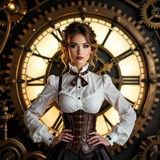 A woman stands confidently against a backdrop featuring an ornate clock with gold and black gears and numbers. She wears a white blouse cinched at the waist by a brown belt adorned with silver buttons, paired with a black skirt that falls to her knees. The woman's pose is assertive, with one hand resting on her hip and the other placed on her thigh.