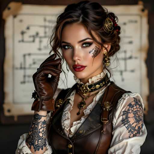 The image depicts a strikingly beautiful woman with an air of mystery and allure. She has long, dark brown hair styled in a loose bun, with a few loose strands framing her face. Her makeup is bold and dramatic, featuring dark eyeshadow and bright red lipstick that accentuates her piercing green eyes. A distinctive black tattoo adorns her left cheek, adding to her enigmatic appearance.

She is dressed in a layered outfit that exudes a steampunk aesthetic. A white shirt with ruffled collar peeks out from beneath a brown leather vest, which is fastened with gold buttons. A black leather choker, also adorned with gold accents, sits around her neck, complementing her ensemble. Brown leather gloves cover her hands, and her arms are decorated with intricate black tattoos, including a large compass design on her left shoulder.

The background is slightly blurred, but it appears to feature a map or diagram, adding to the overall sense of adventure and exploration. The image is a close-up, focusing on her face and upper body, leaving the rest of her attire and surroundings to the imagination.
