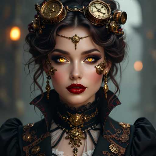 This image portrays a strikingly beautiful woman with an otherworldly presence. Her eyes are a mesmerizing golden yellow, reminiscent of a cat's, and her lips are painted a vivid red. She is adorned with an elaborate headpiece featuring two large, circular gold objects resembling compasses, which are attached to a band encircling her head. Her hair is styled in an intricate updo, with loose strands framing her face. A delicate chain rests on her forehead, adding to her enigmatic allure. She wears long, dangling earrings and a high-collared dress, which is black with gold accents and frilly sleeves. The background is blurred, with indistinct lights and shapes, drawing full attention to her captivating visage.