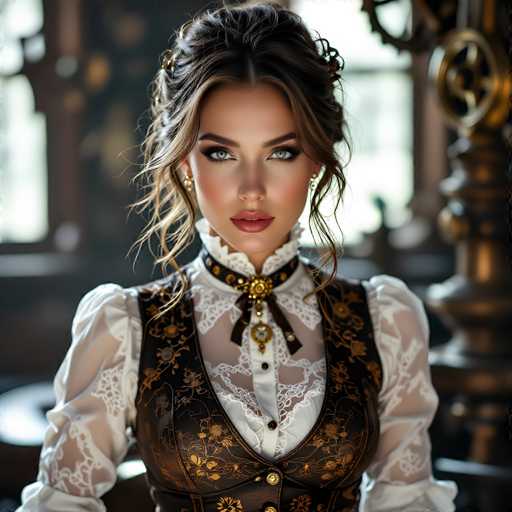 This image features a stunning, AI-generated woman with an ethereal appearance. She has long, dark brown hair styled in an elegant updo, with soft waves cascading down the sides of her face. Her striking blue eyes are accentuated by thick, dark eyebrows and dramatic black eyeliner, while her lips are painted a bold red. Her cheeks are blushed, adding a touch of warmth to her fair complexion.

She is dressed in a white, lacy blouse with puffy sleeves, adorned with a black collar that has a gold brooch at the center. Over her blouse, she wears a black vest with intricate gold floral patterns. The background is blurred, drawing focus to her detailed and lifelike features. On the right side of the image, there is a gold-colored object, possibly a candlestick or a decorative piece, adding to the overall sophisticated ambiance of the scene.