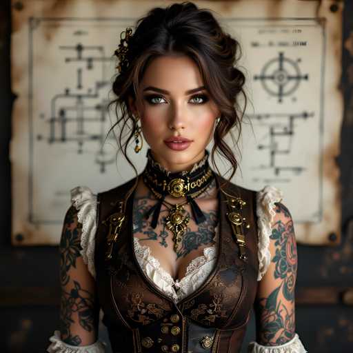 A woman with long brown hair and tattoos on her arms is wearing a brown leather vest over a white blouse. She has a gold necklace around her neck and a black and gold brooch pinned to her shirt. The background features a map of the world with a compass rose, suggesting that she might be in a location where such maps are used for navigation or exploration purposes.
The woman is looking directly at the camera, giving off an air of confidence and intrigue.