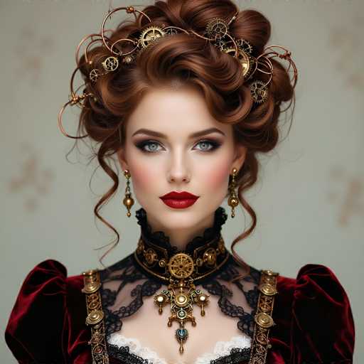 This image showcases a stunning, AI-generated depiction of a woman with an intricate and elaborate hairstyle. The focal point of the image is her head, adorned with a mesmerizing arrangement of gold and bronze-colored metal pieces. These metallic elements are intricately designed, resembling gears and circles, which are meticulously woven into her hair. The woman's hair is styled in a sophisticated updo, with loose strands elegantly framing her face.

Her makeup is striking, featuring bold, dark eyeshadow that accentuates her mesmerizing green eyes. Her lips are painted a vivid red, adding a touch of classic glamour to her overall look. She is wearing elegant earrings that complement her elaborate hairstyle and makeup.

Her attire is equally captivating, with a dress that appears to be made of luxurious velvet in a deep red hue. The dress features intricate detailing, including a high collar adorned with gold accents and lace. The bodice of the dress is form-fitting, with a V-neckline that reveals a glimpse of her chest. The dress is further embellished with gold accents and lace, adding to its opulent and sophisticated appearance.

Overall, this image is a testament to the incredible detail and artistry that can be achieved in AI-generated artwork, particularly in the portrayal of fashion and intricate hairstyles.