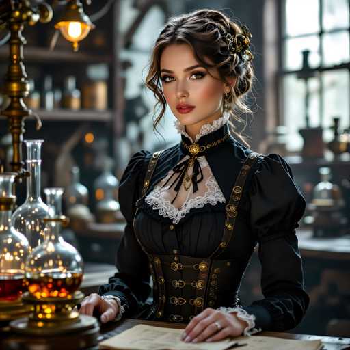 A woman with long brown hair is seated at a table covered with a white tablecloth and surrounded by various glass vials and bottles of different sizes and shapes. She is wearing a black dress adorned with lace sleeves and a gold collar, which adds an air of elegance to her appearance. The room has a dark ambiance, with the presence of a large window allowing natural light to filter in, creating a contrast between the woman's dark attire and the bright surroundings.