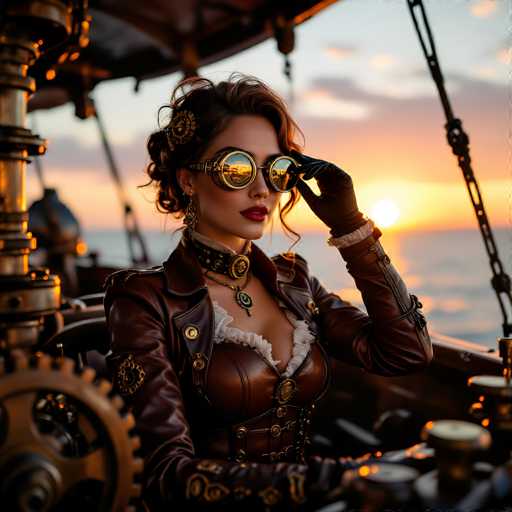 In this captivating image, a woman is seated in a vintage car, exuding an aura of timeless elegance. She is adorned in a striking brown leather jacket, embellished with intricate gold accents. Beneath the jacket, she wears a corset-style top, also brown, featuring a white frilly collar that adds a touch of contrast. Around her neck, she sports a black choker with a gold centerpiece, complemented by a matching gold necklace. Her ensemble is completed with black leather gloves, which she is in the process of adjusting with her left hand. Her hair is styled in a sophisticated updo, and she wears large, round goggles with gold rims, reflecting the warm hues of the sunset. The backdrop of the image is a serene sunset over the ocean, with the sky painted in soft shades of pink and orange. The woman gazes thoughtfully to the right, adding a sense of mystery and intrigue to the scene.