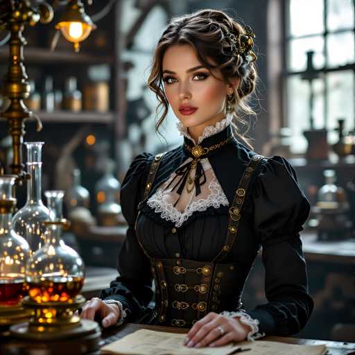The image depicts a young woman, likely in her early 20s, with long brown hair styled in an updo with a few loose strands framing her face. She has striking green eyes, accentuated by heavy eye makeup, and wears a touch of red lipstick. Her attire is reminiscent of a Victorian or steampunk ensemble, featuring a black dress with puffy sleeves, a white lace collar, and a black corset adorned with gold buttons. The dress also has a black bow at the neckline and a gold chain hanging from it. She is seated at a wooden desk, her hands resting on the surface, with a piece of paper in front of her. The background is blurred but suggests a laboratory setting, with various glass bottles and beakers containing different colored liquids, including red and orange. A golden lamp with a glowing bulb is visible to her left, adding to the vintage ambiance of the scene.