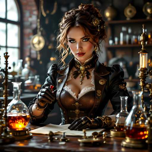 A woman with long brown hair is seated at a desk, wearing a black leather jacket and gloves. She holds a pen in her right hand while looking directly at the camera. The desk is cluttered with various objects including several bottles of different shapes and sizes, as well as a lamp that casts light on the scene.