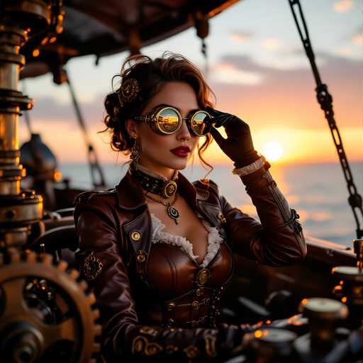 A woman dressed in a steampunk-inspired outfit is seated at the helm of a ship during sunset. She wears a brown leather jacket with gold accents and a black headpiece adorned with gold and silver designs. The ship's sails are billowing in the wind, and the sky is painted in hues of orange and pink as the sun sets over the horizon.