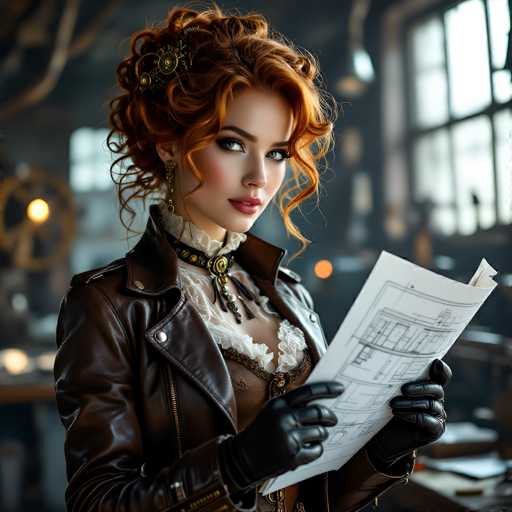 The image depicts a highly detailed, computer-generated or AI-generated scene of a woman with striking red hair, styled in an elaborate updo with loose curls framing her face. She is dressed in a vintage, steampunk-inspired outfit, featuring a brown leather jacket over a white frilly blouse, and a black choker adorned with a gold brooch. Her makeup is bold, with dark eyeshadow and red lipstick, enhancing her intense gaze as she looks slightly to the left. She wears black leather gloves and holds a white sheet of paper with a black drawing, possibly a map or architectural sketch, in her hands. The background is blurred, suggesting an industrial or workshop setting with large windows and a desk cluttered with papers, adding to the scene's mysterious and adventurous atmosphere.