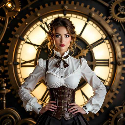 The image depicts a young woman, likely in her early 20s, with brown hair styled in an updo with some curls framing her face. She has fair skin and is wearing makeup, including lipstick and eye shadow. Her attire is reminiscent of a Victorian or steampunk style, featuring a white blouse with puffy sleeves and a high collar, complemented by a brown leather corset with gold buttons and a small bow tie. She also wears a black skirt and a black strap over her right shoulder, suggesting she might be carrying a bag. Her hands are placed on her hips, and she is looking directly at the camera. The background is a large, illuminated clock with Roman numerals, surrounded by numerous gears and cogs, creating a steampunk aesthetic. The overall scene is brightly lit, highlighting the intricate details of her outfit and the surrounding mechanical elements.