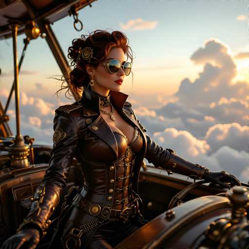 In this captivating image, a woman is seated in a vintage airplane, exuding an aura of elegance and sophistication. She is adorned in a striking black leather outfit, complete with a corset that accentuates her figure. Her ensemble is accessorized with a black belt featuring a prominent gold buckle, and she wears black leather gloves that add to her sleek appearance. Her hair is styled in a loose bun, adorned with a gold barrette, and she sports large, round sunglasses with gold frames that reflect the sky. A delicate gold earring dangles from her ear, complementing her choker necklace, which is also gold. The airplane's interior is a rich brown, with a black seat and a black steering wheel, adding to the vintage ambiance. The backdrop is a breathtaking view of the sky, painted in hues of blue and yellow, with fluffy white clouds scattered across. The sun peeks through the clouds on the right side of the image, casting a warm glow over the scene.