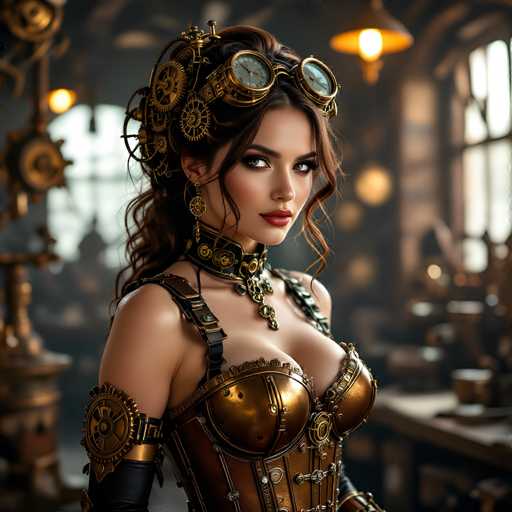 The image portrays a strikingly beautiful woman with long, dark brown hair styled in an intricate updo. She is adorned with a pair of steampunk-inspired goggles perched atop her head, and her ears are decorated with large, ornate earrings. Her attire is equally elaborate, featuring a golden and black corset that accentuates her figure, complemented by a matching choker necklace. The background is a blurred, steampunk-themed workshop filled with various golden and brass-colored objects, including a prominent gear on the left side. The overall scene exudes a sense of Victorian-era aesthetics with a futuristic twist, emphasizing the woman's captivating presence and the detailed craftsmanship of her outfit and surroundings.