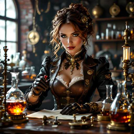 The image depicts a highly detailed, AI-generated scene of a woman seated at a desk in what appears to be a laboratory or workshop. The woman, who has brown hair styled in a bun with loose strands framing her face, is wearing a black leather jacket adorned with gold buttons and a white frilly shirt underneath. She also sports a brown leather corset with gold buckles and black leather gloves. Her makeup is meticulously applied, featuring red lipstick and blue eyes, and she wears a gold choker with a pendant. 

In her right hand, she holds a red pen, poised over a piece of paper on the desk. The desk itself is cluttered with various scientific instruments, including beakers filled with orange and yellow liquids, some of which are lit from within. There are also other objects like a lamp and a scale, contributing to the scientific ambiance. The background is blurred but reveals more beakers and bottles, enhancing the laboratory setting. A window on the left side of the image allows light to stream in, illuminating the scene. The overall composition suggests a blend of Victorian and steampunk aesthetics, emphasizing the woman's role as a scientist or inventor in a fantastical setting.