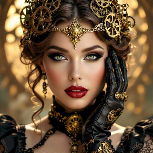 This AI-generated image depicts a strikingly beautiful woman with an intense gaze directed straight at the viewer. She has captivating green eyes, accentuated by long eyelashes and meticulously applied makeup. Her lips are painted a bold red, adding to her dramatic appearance. She is adorned with an elaborate headpiece featuring numerous gold gears, which are intricately designed and appear to be part of a larger mechanical structure. The headpiece extends down to her forehead, where a prominent gold circle sits at the center, flanked by two smaller circles on either side. 

Her hair is styled in an elegant updo, with a few loose curls framing her face. She wears a black dress with puffy sleeves, and a choker that matches the gold and gear motif of her headpiece. The choker is detailed with a large gear at its center, adding to the cohesive mechanical theme. 

Her left hand is raised to her face, and it is clad in a black leather glove that also features intricate gold gears. The background is blurred, with a golden hue that complements the overall aesthetic of the image. Despite the high level of detail and realism, there is a subtle, almost ethereal quality to the image that hints at its AI-generated origin.