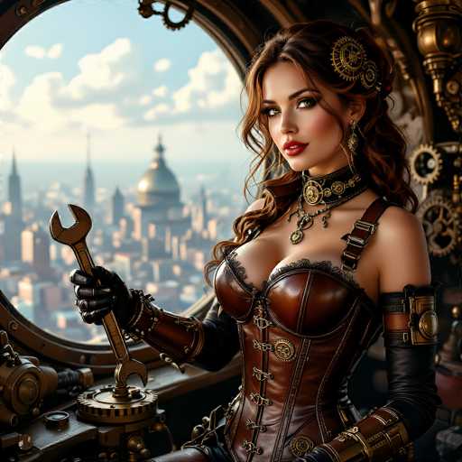The image depicts a highly detailed, AI-generated scene of a woman standing in front of a large, circular window. She is dressed in a brown leather corset with lacy accents and black gloves, her long brown hair adorned with gears and other metallic objects. The woman, who has striking green eyes and red lipstick, is holding a wrench in her right hand, which is resting on a gear. She also wears a choker with gears and a necklace featuring a gear pendant. The background reveals a blurred cityscape with a prominent building that has a dome and spire, under a blue sky with white clouds. The setting appears to be a workshop or control room filled with various mechanical objects, including gears and dials, enhancing the industrial and steampunk aesthetic of the scene.
