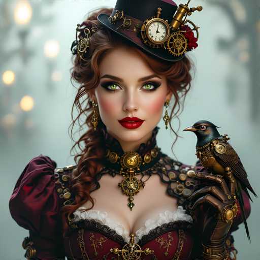 The image depicts a highly detailed, computer-generated portrayal of a Victorian-era woman adorned in elaborate attire. She wears a striking black top hat embellished with a clock, gears, and a red flower. Her long, curly red hair cascades down her back, and she has vivid green eyes accentuated by heavy eye makeup and bright red lipstick. Her outfit is a rich burgundy dress with puffy sleeves, a white frill at the top, and intricate gold designs. A choker with a gear and a green jewel adorns her neck, complementing her long, dangling earrings. She holds a brown leather-gloved hand, on which perches a black bird with a gold beak and a gold plate on its chest. The background is a blurred mix of gray and white, with indistinct lights and a tree on the right side, adding to the image's dreamlike quality.