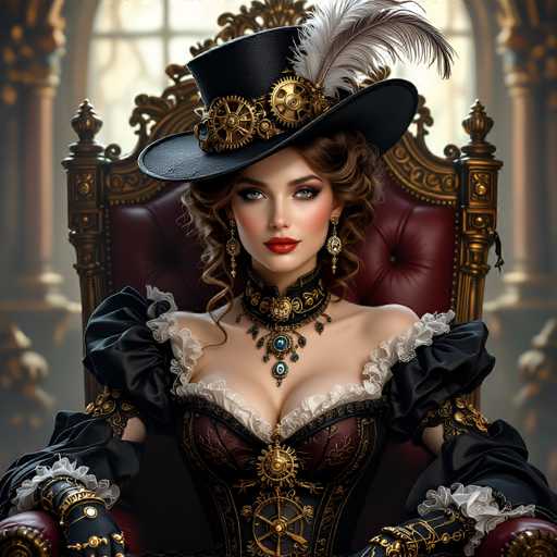 The image depicts a woman seated on an ornate, throne-like chair with a red cushion and gold trim. She is adorned in a Victorian-style outfit, featuring a black dress with puffy sleeves and white frills around the neckline. Her attire includes a black choker necklace with a prominent blue jewel and a medallion, as well as a medallion on her chest. She wears a black top hat embellished with gears and a white feather. Her brown hair is styled in curls, and she has striking blue eyes accentuated by red lipstick. The background is blurred, revealing a window and some columns, suggesting an opulent setting. The overall image has a slightly cartoonish or AI-generated quality, with the woman's features appearing somewhat exaggerated and stylized.