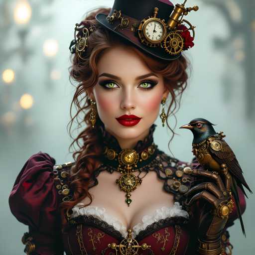The image depicts a woman wearing a steampunk-inspired outfit with a large top hat and a corset adorned with intricate gold designs. She is holding a bird that has a golden headpiece on its neck. The background features blurred lights, suggesting an indoor setting or a dimly lit room.