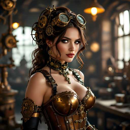 A woman with long brown hair wearing a corset and goggles stands in front of a window, looking directly at the camera.