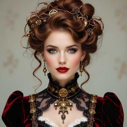 The image shows a woman with long brown hair wearing a red and gold dress adorned with a large gold crown on her head. She is also wearing a necklace featuring a large pendant that has intricate designs. The background of the image is white, which contrasts with the woman's dark hair and the gold elements in her attire.