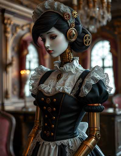 The image depicts a highly detailed, computer-generated or AI-generated illustration of a female robot with a distinctly Victorian aesthetic. The robot's head is adorned with a Victorian-style hat, and her long black hair is styled in a bun. Her face is white with red lips and eyes that appear to be closed, giving her a serene expression. She has a gold neck and shoulders, with her arms extending out of the frame. The robot is dressed in a Victorian maid's outfit, featuring a black corset with gold buttons and white frills around the neck, chest, and sleeves. The background is blurred, but it suggests an opulent room with a chandelier, large windows, and possibly a desk, indicating a setting of wealth and sophistication. The overall color palette includes black, white, gold, red, and brown, enhancing the vintage feel of the scene.