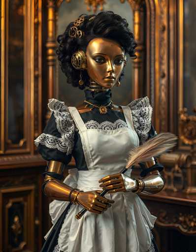 The image depicts a highly detailed, computer-generated scene of a female robot standing in an opulent, Victorian-style room. The robot, with a bronze-colored head and arms, features intricate gears and cogs in her hair, which is styled in a poofy, black updo. She wears a black dress adorned with white lace at the shoulders and a white apron, complemented by a gold necklace with a medallion. Her hands, also bronze, are gloved and she holds a black feather quill pen, poised as if ready to write. The background showcases a grand, ornate room with gold and bronze accents, including a large, ornate mirror and a desk with a golden statue. The overall aesthetic blends Victorian elegance with futuristic robotics, creating a striking and immersive visual experience.