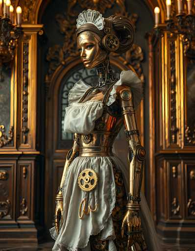 The image depicts a highly detailed, computer-generated scene of a Victorian-style room with ornate wooden cabinets and a large, arched window. The focal point is a golden robot, designed to resemble a woman, standing in the center. The robot has a metallic, gold face with blue eyes and a human-like neck and shoulders. It is adorned in a Victorian-style dress with a white, frilly top and a white apron that features a prominent gold gear on the front. The robot's hair is styled in a bun, and it wears a white fan on its head. Its arms are gold with black joints, and its hands are shaped like human hands. The robot's body is adorned with various gears and mechanical elements, particularly around the waist and chest area. The room itself is richly decorated with gold accents, including chandeliers on either side of the robot, enhancing the luxurious and intricate atmosphere.