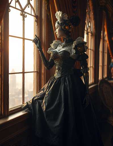 The image depicts a highly detailed, computer-generated scene of a Victorian-era woman with a distinct steampunk twist. She is seated on a wooden windowsill, gazing out of a large, multi-paned window that reveals a cityscape with tall buildings in the background. The woman is adorned in a black dress with intricate gold and blue accents, featuring a bustier-style top and voluminous sleeves. Her hair is styled in an elaborate updo, with a large white flower or bow at the back, and she wears a black headpiece with gold details. Her neck is metallic, and she has robotic arms, with her right hand raised and her left hand resting on her lap. The room is richly decorated with wooden paneling, gold curtains, and a large chair positioned to the right of the window. The overall scene exudes a blend of Victorian elegance and futuristic technology, creating a striking steampunk aesthetic.