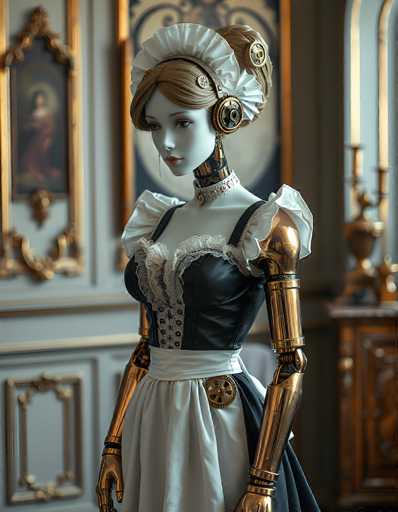 This image depicts a highly detailed, computer-generated robot designed to resemble a Victorian-era maid. The robot features a humanoid form with a white face and brown hair, styled in a bun with a white cap. Its head is adorned with gears, and it has a mechanical neck. The robot's torso is clad in a black corset with white frills and lace, complemented by a white apron. Its arms are made of gold-colored metal, with visible joints at the elbows and wrists, and it wears gold gloves. The robot stands in a room with white walls and gold trim, adorned with a large gold-framed painting of a woman in a red dress. To the right, there is a wooden table with a candelabra holding three candles. The overall scene evokes a Victorian aesthetic, blending mechanical and human elements seamlessly.