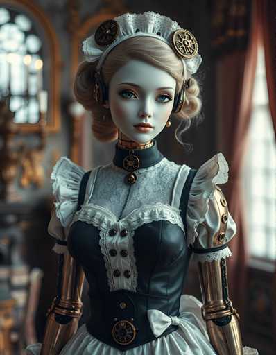 A doll with blonde hair and blue eyes is standing against a backdrop of a room with a window and a chair. The doll is dressed in a white dress with black lace trim and gold buttons on the bodice. She wears a white headpiece adorned with gold buttons and a gold necklace, and she holds a gold fan in her hand.