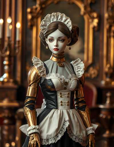 The image depicts a highly detailed, computer-generated or AI-generated doll of a young woman, possibly in her late teens or early twenties. She has pale skin and brown hair styled in an elaborate updo with a white, ruffled cap resembling a chef's hat. Her attire is a blend of Victorian and futuristic elements, featuring a black corset with white frills and a white skirt. She also wears a gold choker with a large medallion and matching gold earrings. Her arms are adorned with gold armor, and she has a gold glove on her right hand. The background is blurred but suggests a luxurious setting with a gold-framed mirror, a candelabra, and a red chair, enhancing the doll's regal and somewhat eerie appearance.