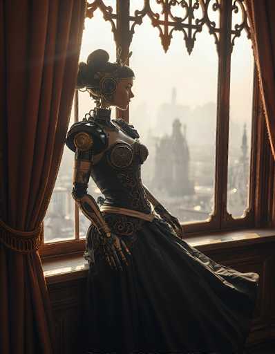 The image depicts a highly detailed, computer-generated scene of a female robot with a distinctly Victorian aesthetic. The robot, which has a humanoid form, is adorned in a long, flowing black dress that features intricate gold and silver accents, particularly around the chest and waist. Her arms are made of metal, with visible gears and joints, and her head is crowned with a metallic headpiece that includes a circular element on the side. She has black hair styled in a bun, adding to her vintage appearance.

The robot is seated on a wooden windowsill, positioned in front of a large, ornate window with a brown frame. The window is divided into sections by wooden bars, and the curtains on either side are a rich red color, tied back to reveal the view outside. The scene outside the window is hazy and gray, with indistinct buildings and possibly a church spire visible in the distance, suggesting an urban setting. The overall atmosphere of the image is dark and moody, with the robot gazing thoughtfully to the right, adding a sense of contemplation to the scene.