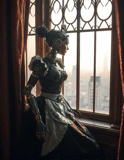 The image depicts a highly detailed, computer-generated scene of a female robot with a distinctly Victorian aesthetic, reminiscent of the 1800s. The robot, which has a humanoid form, is seated on a windowsill, gazing out at a foggy cityscape through a large, ornate window. The window features intricate metalwork and is flanked by rich, red curtains. The robot's head is adorned with a helmet-like structure, and her hair is styled in a bun. She wears a black dress with elaborate gold accents, including a corset-like top and puffy sleeves. A white apron with floral designs is tied around her waist, adding to her domestic appearance. Her arms are metallic, with visible wires and gears, and she has black gloves with gold detailing. The overall scene evokes a sense of a steampunk or Victorian-era setting, blending advanced technology with historical elements.