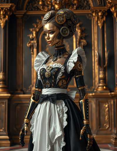 A woman dressed as a steampunk character stands in front of a grand room with gold accents and intricate designs. She wears a black dress with white ruffles and a matching white headpiece adorned with gold gears and cogs. The woman's hands are raised to her face, and she holds a large clock in one hand while wearing gloves on both hands.