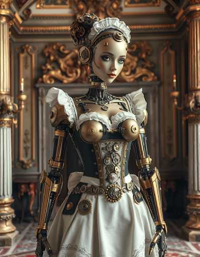 The image depicts a highly detailed, computer-generated scene of a Victorian-era room adorned with intricate gold and white decorations. The room features ornate gold columns, a fireplace with gold trim, and a floor covered in a red and white carpet. At the center of the image stands a female robot, designed to resemble a maid. She has a human-like face with blue eyes, red lips, and a white cap, but her neck is distinctly mechanical. Her attire includes a black corset with gold accents, a white skirt, and a white apron. Her arms are made of gold and black metal, and she has a mechanical hand. The robot's hair is styled in a bun, adding to her Victorian appearance. The overall scene combines elements of steampunk aesthetics with Victorian decor, creating a visually striking and intricate composition.