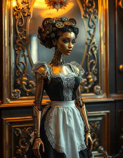 The image depicts a highly detailed, computer-generated scene of a female robot with a distinctly steampunk aesthetic. The robot, with dark brown skin, is adorned in a black dress featuring a white lace bodice and a white apron. Her arms and neck are constructed from brass, giving her a mechanical appearance, while her head is human-like with a full face of makeup, including lipstick, and a short black hairstyle. Her hair is intricately styled, adorned with gears and cogs, adding to the steampunk theme. She stands in front of a large, ornate mirror with a gold frame, which reflects the room behind her. The background reveals a dark blue wall with gold trim, enhancing the luxurious and elaborate setting. The robot's gaze is directed to the right, adding a sense of intrigue to the scene.
