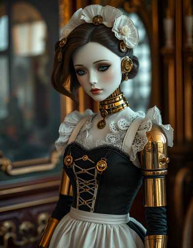 The image depicts a highly detailed, AI-generated or digitally painted doll with a distinctly Victorian aesthetic. The doll, which has a porcelain-like white face, features striking blue eyes, red lips, and brown hair styled in an elaborate updo with a side bang. She wears a white bonnet adorned with a large white flower and a gold brooch. Her attire includes a black corset with white lace trim and a white skirt, complemented by a gold choker with a central gold medallion. The doll's arms are made of gold, and she has a gold collar around her neck. The background is blurred, revealing hints of a room with a large, ornate mirror with a gold frame and a wooden dresser, enhancing the overall Victorian ambiance of the scene.