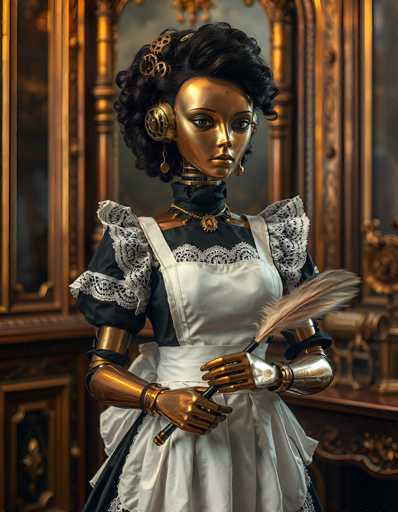 A golden steampunk automaton maid, dressed in a vintage-inspired uniform with lace details and a white apron, stands poised with a quill pen. The automaton's face is expressive, with large golden eyes and delicate features, hinting at a blend of mechanical elegance and human-like charm. The background is an ornate, dark wooden cabinet with intricate carvings, adding to the overall vintage and steampunk aesthetic. The lighting is soft and warm, highlighting the golden details of the automaton's body and uniform.