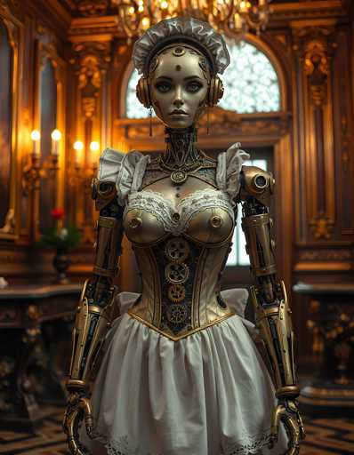 A robot figure dressed in a white dress with gold accents and a matching headpiece stands in front of an ornate chandelier and a window adorned with curtains.