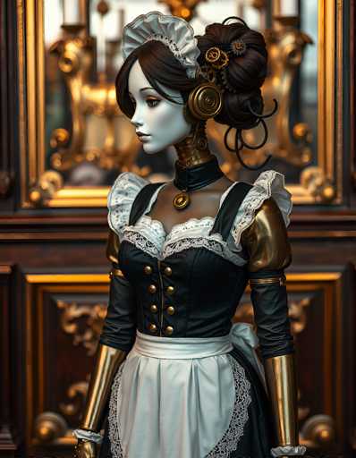 The image depicts a highly detailed, computer-generated or AI-generated robot with a distinctly feminine appearance. The robot's head is turned to the left, showcasing its white face and brown hair styled in a bun adorned with gears and cogs. It wears a white cap resembling a nurse's cap. The neck is metallic, leading down to a black leather collar with a gold medallion. The robot's upper body is clad in a black corset-like top with white lace trim, black straps, and gold buttons. The sleeves are black leather with gold accents. A white apron with lace trim is tied around its waist. The robot's arms are metallic, with gold sections visible from the elbows down to the wrists. The background features a dark brown wooden dresser with gold trim and a large, ornate mirror with a gold frame, adding to the overall sophisticated and somewhat eerie ambiance of the scene.