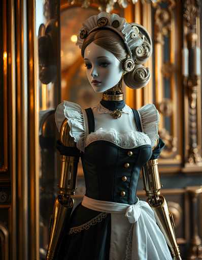 The image depicts a highly detailed, computer-generated Victorian-era robot maid, reminiscent of the character from Mary Shelley's Frankenstein. The maid is dressed in a black corset with white frills and a white apron, her arms made of brass or gold-colored metal. Her neck is adorned with a gold band, and she wears a distinctive white bonnet decorated with gears and cogs. Her hair is styled in an elaborate updo, adding to her vintage appearance. The background features a blurred, ornate gold frame, possibly a mirror or picture frame, enhancing the overall Victorian aesthetic. The scene is set in a grand, old-fashioned room with a chandelier, contributing to the image's rich, historical ambiance.