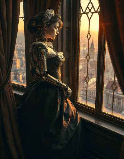 The image depicts a highly detailed, computer-generated scene of a female cyborg seated in a room with large windows. The cyborg, who has a distinctly human-like appearance, is adorned in a black corset with intricate gold designs and a voluminous skirt. Her hair is styled in a bun, accentuated by a white flower, and she wears long, dangling earrings. Her face is painted with red lipstick, and she gazes out the window with a serene expression.

The cyborg's arms are mechanical, with visible gears and joints, and she wears black gloves on her hands. The room features dark brown curtains with gold trim, which are pulled back to reveal the expansive view outside. The windows are large, with a brown wooden frame, and the glass panes are divided by a central bar. The window panes are decorated with diamond-shaped patterns, adding to the room's ornate aesthetic.

Through the windows, a sprawling cityscape is visible, bathed in the warm hues of a setting sun. The sky transitions from a light yellow to a darker orange, casting a golden glow over the buildings below. The cyborg appears to be in a high-rise building, as the tops of other skyscrapers can be seen stretching into the distance. The overall scene exudes a blend of futuristic technology and classic elegance, creating a captivating and immersive visual experience.