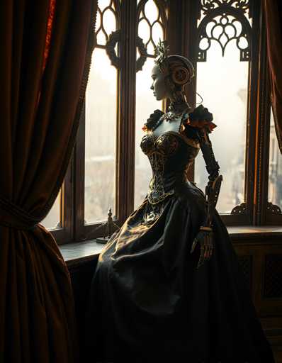 A mannequin dressed in a long black dress with gold accents and a crown sits on a windowsill, facing away from the camera. The window behind it is adorned with curtains that match its color scheme.